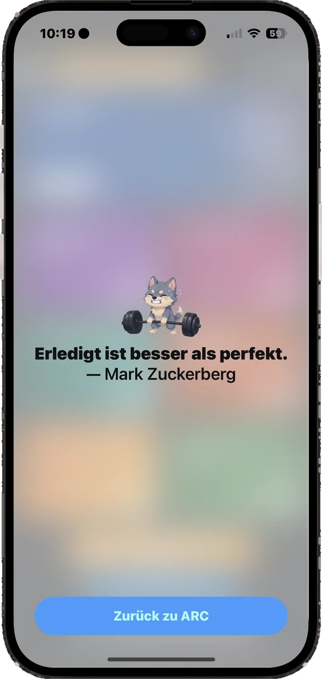 ARC: gesperrter Bildschirm mit einem Zitat statt der App