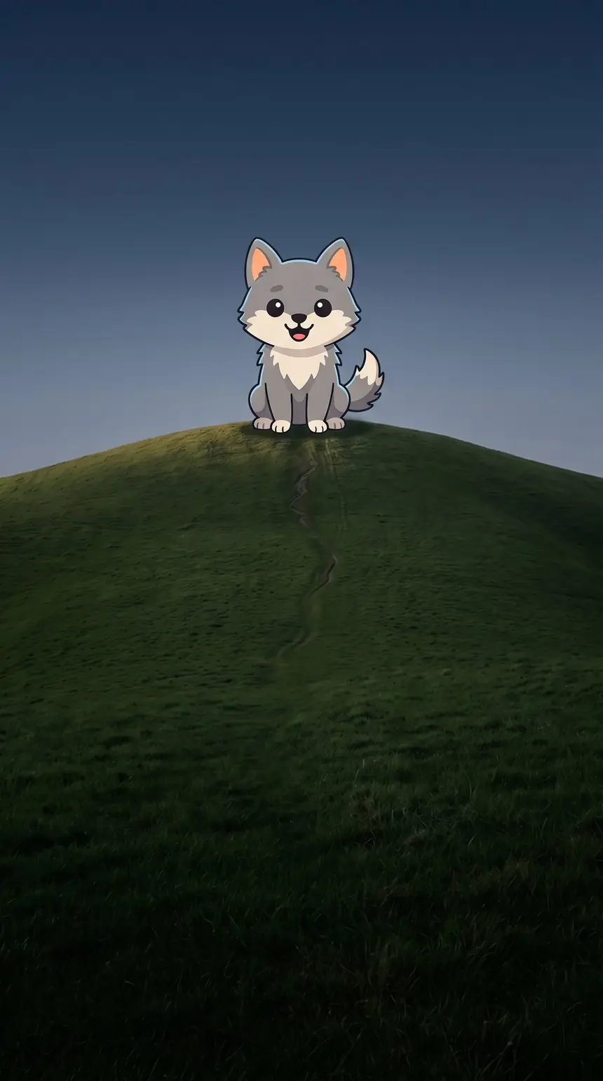 Der ARC-Wolf, ausgewachsen und fröhlich, auf der Kuppe des Hügels bei Nacht