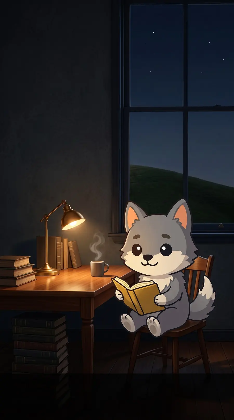 Der ARC-Wolf liest am Schreibtisch, draußen ist Nacht